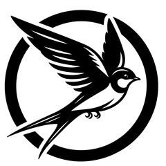 Stylized black and white swallow bird flying inside a thick black circle in a vector illustration