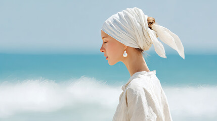 image of woman with headscarf and pearl earring by beach, embodying elegance and calmness. soft waves and bright sky enhance