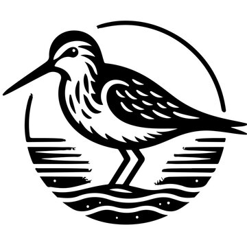 Stylized black and white illustration of a sandpiper bird standing in a circular water scene design