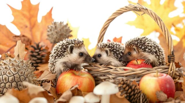 Three hedgehogs sit together in a wicker basket filled with juicy apples and pine cones
