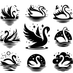 Fototapeta premium Collection of stylized swan illustrations in various artistic compositions and graphic designs