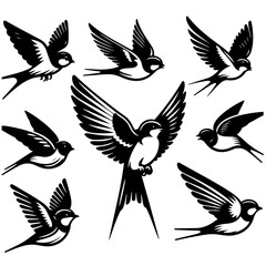 A collection of eight swallow birds in different flying positions with detailed wing and tail feathers design