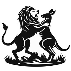 Illustration of a lion and a kangaroo facing each other in a fighting stance on a grassy terrain