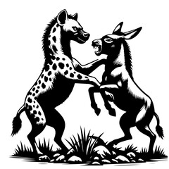 Illustration of a hyena and a donkey in a confrontation with grass and rocks in the foreground scene