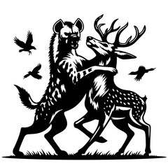 A hyena and a deer locked in combat with birds flying around in a black and white illustration