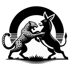 Leopard and donkey clashing in black and white with an arch in the background in vector graphic