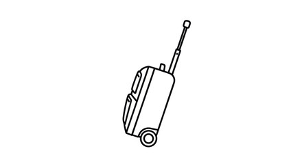 Black and White Outline of Rolling Suitcase with Handle.