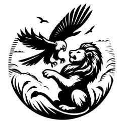 Illustration of an eagle attacking a lion with birds flying in a circular black and white design