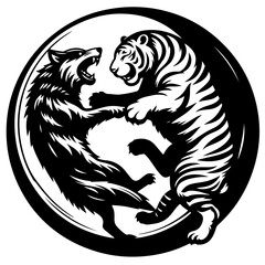 Illustration of a black and white tiger and wolf in a yin yang circle design facing each other growling fiercely