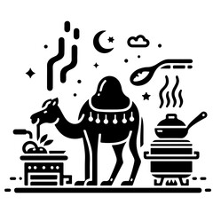 A camel is cooking and preparing food with a pot and stove under the moon and stars in the night sky