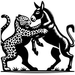 Illustration of a black and white leopard fighting with a donkey in a stylized heraldic design