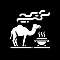 Silhouette of a camel standing near a pot with steam rising in a desert landscape illustration