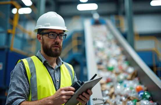 Man in safety vest at recycling factory controls waste sorting process. Worker in helmet holds walkie talkie and clipboard. Supervisor inspects conveyor belt at refuse plant.