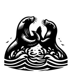 Two otters facing each other in water with birds flying in the background in black and white style