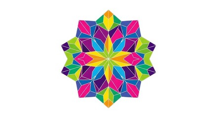 A vibrant, symmetrical eight-pointed star made of colorful geometric facets, creating a kaleidoscope or stained glass effect.