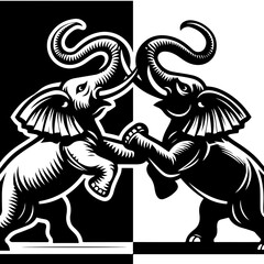 Two elephants facing each other in a black and white design with curled trunks and textured skin detail