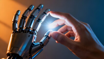close-up of a human hand reaching toward a robotic hand with glowing blue light between them.