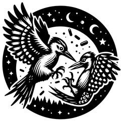 Two woodpeckers facing each other in a circular frame with stars and moon in black and white style