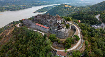 Aerial view of Visegrad castle in Hungary, next to Danube river in Danube bend