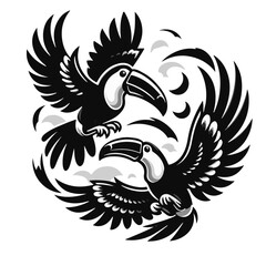 Fototapeta premium Two toucans in flight with stylized feathers and clouds arranged in a circular composition design