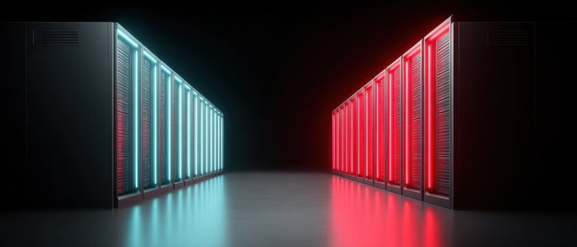 Neon Lit Data Center: Server Racks, Cloud Computing & AI Power