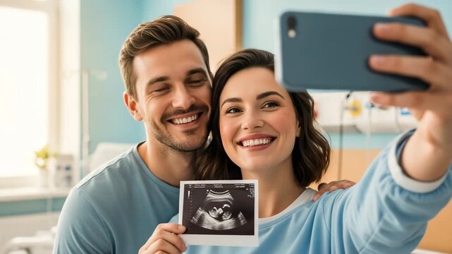 Happy young couple taking selfie with ultrasound photo at doctor&rsquo;s office, pregnancy announcement and family expecting baby concept