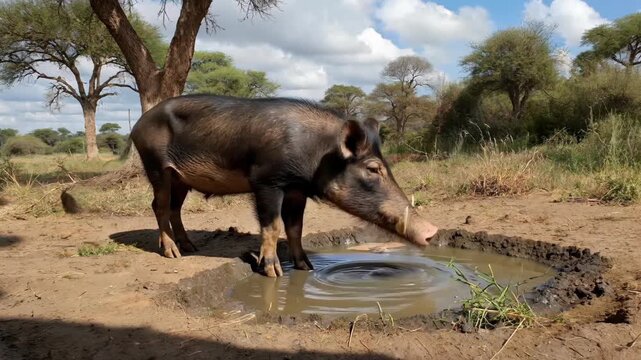 there is a large elephant drinking water from a small puddle