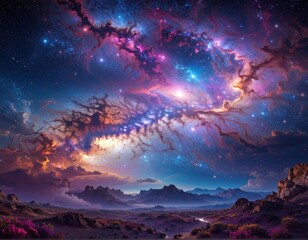 Naklejka premium Vibrant Galaxy Over Rocky Landscape with Purple Flowers Under a Starry Night Sky