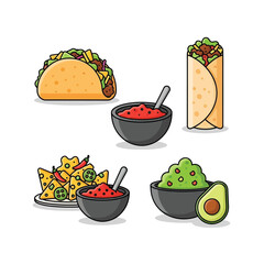 A vibrant illustration showcasing a variety of popular Mexican food items including tacos, burritos, nachos, salsa, and guacamole.