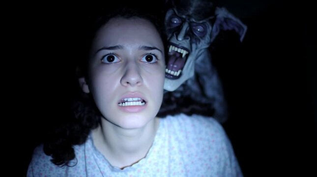 Startled screaming girl is in tantrum, when she meets small ugly demon