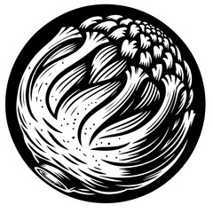 Illustration of an artichoke with detailed linework in black and white on a circular background design