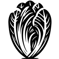 Illustration of a head of romaine lettuce with detailed leaf veins in a black and white design style