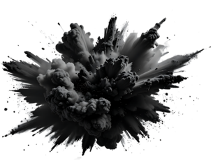 Dramatic monochromatic explosion of dust particles frozen in time isolated on transparent background