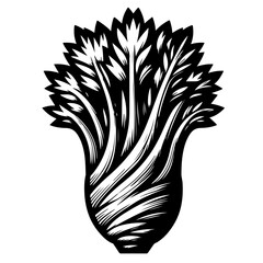 Illustration of a celery stalk with detailed leaves and textured base in black and white style art
