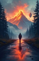 Obraz premium Man walks on wet path towards glowing mountain peak under dramatic sky. Tall pine trees line forest road. Reflecting clouds and fire sky in puddles. Solo backpacker begins adventure.