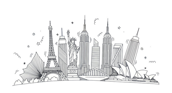 Hand-drawn sketch illustration of famous world landmarks and international city skylines.