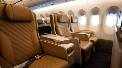 Obraz premium Premium cabin airplane interior: plush seats with modern design. Comfortable, spacious seating for luxurious air travel. Upscale flying experience.