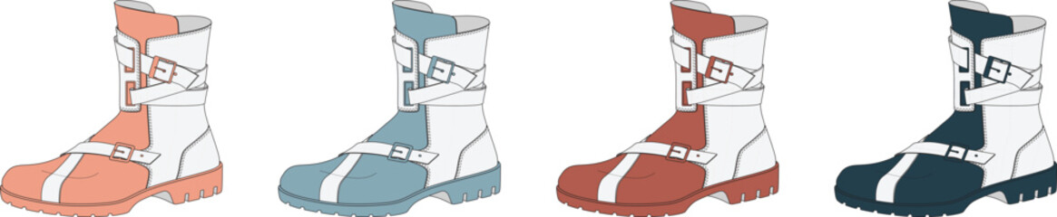 Collection of four distinct color variations of illustrated outdoor boots, featuring designs suitable for winter sports, hiking, and cold weather adventures, depicted as clean vector graphics