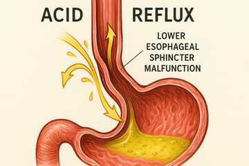 Acid reflux lower esophageal sphincter malfunction stomach digestive system anatomical illustration macro medical yellow liquid esophagus discomfort