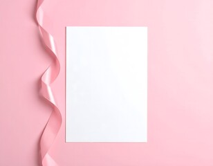 A clean composition featuring a blank vertical card and a flowing pink satin ribbon on a soft pink background