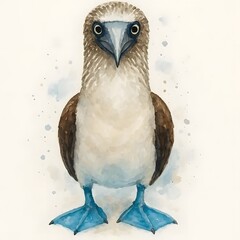 Fototapeta premium 푸른발얼가니새, 정면, 클로즈업, 수채화, jpeg (Blue-footed booby, front view, close-up, water colour, jpeg)
