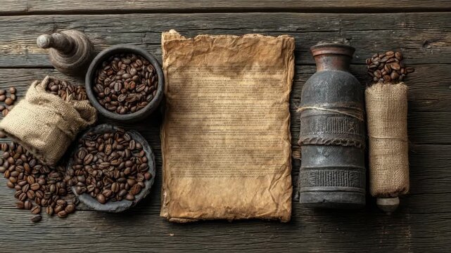 Roasted coffee beans in bowls and sacks, old manuscript and vintage objects on rustic wood, concept of history, tradition and aroma
