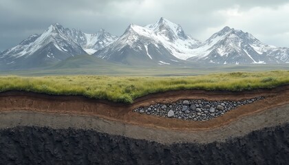 Cross section of permafrost shows frozen soil layers under grassy surface. Snow capped mountains rise in background under cloudy sky. Earth strata display ground composition.