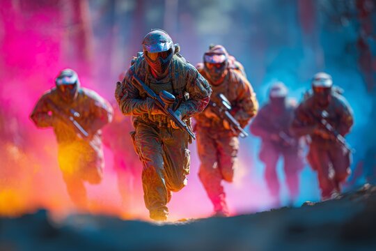 Intense action scene of paintball players in full gear, running through vibrant colors and smoke, participating in a thrilling outdoor game, ready for combat.