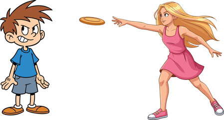 Cartoon boy and girl playing frisbee, fun outdoor activity, happy children illustration, sports game, vector design, childhood recreation, playful kids