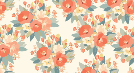 Obraz premium Charming seamless pattern featuring vibrant coral and pink poppies and tulips with teal foliage on a light cream background