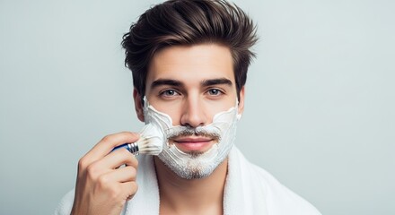 Handsome Man Applying Shaving Cream with Brush for Smooth Skin