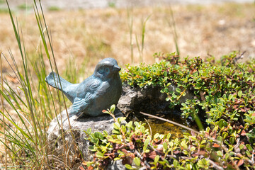 kleiner Vogel an einer auf einem Grab eingerichteten Vogeltränke auf einem Münchner Friedhof © Blende8