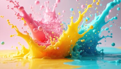 Vibrant pink, yellow, blue paint splash explosion. Dynamic liquids collide, mix, creating colorful patterns. Droplets fly, forming abstract art. Energetic fluid movement shows bright shades. Modern