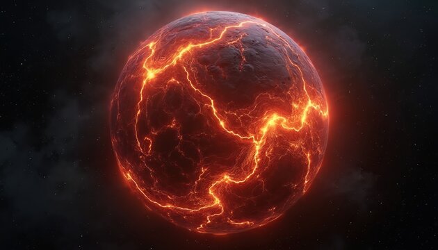 Molten planet covered in red hot lava flows with bright orange cracks. Active volcanoes erupt under starry sky. Cosmic fiery sphere glows in deep space. Inferno world looks like nascent solar system. - Powered by Adobe